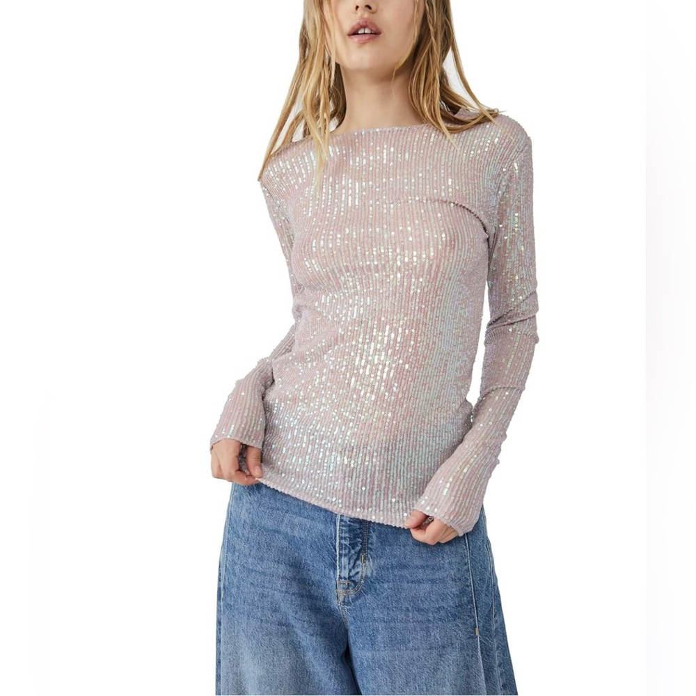 Free People Gold Rush Sequin Top In Champagne Float Pink, Size Small, NWOT. - Picture 14 of 16